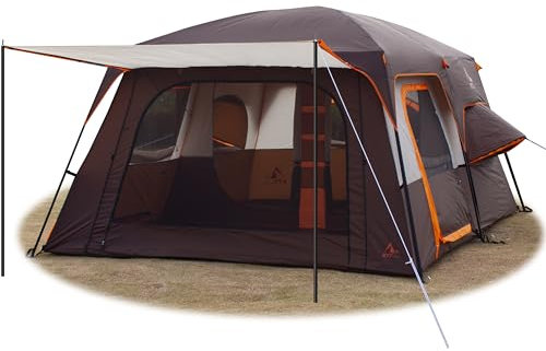 KTT Extra Large Tent 12 Person,2 Bay-Windows,Family Cabin Tents,14'Lx10'Wx6.58'H,2 Rooms and 3 Doors 3 Windows with Mesh,Waterproof,Straight Wall,Big Tent for Outdoor,Picnic,Camping,Gathering(Brown)
