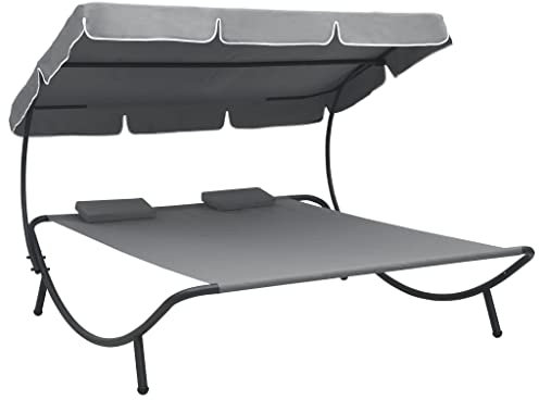 Makastle 2-Personen Gartenliege mit Sonnendach und Kissen, Sonnenliege aus Stahl und Stoff, Gartenliegestuhl Gartenstuhl Relaxliege für Garten und Terasse, 200 x 173 x 135 cm Grau