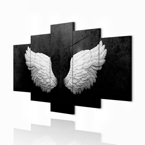 decomonkey Bilder Flügel 100x50 cm 5 Teilig Leinwandbilder Wandbild Beton | Strukturleinwand, Holzkeilrahmen, Bild auf Leinwand, Kunstdruck, Wanddeko, Wohnzimmer, Wanddekoration, Engel, Feder, Schwarz