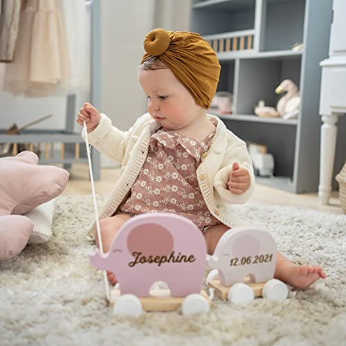 Holz-Nachziehtiere Elefanten rosa I mit Ihrer Personalisierung I Bemalt mit unbedenklichen Farben auf Wasserbasis I Motoriktrainer und Deko-Artikel in einem I Altersempfehlung: 1+