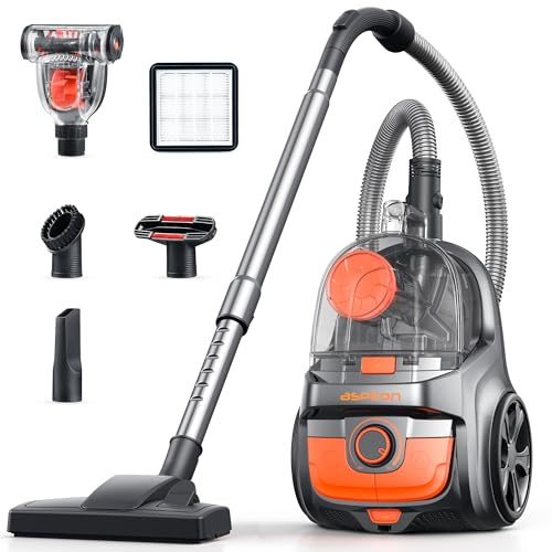 Aspiron Canister Vacuum Cleaner, Lightweight Bagless Vacuum Cleaner, 3.7QT Large Dust Cup, Automatic Cord Rewind, 5 Tools, HEPA Filter, Variable Speed Upright Vacuum for Hard Floors, Pet, Car, Black