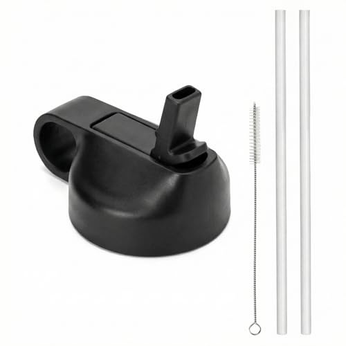 QWORK® Tappo Borraccia Ricambio a Bocca Larga con 2 Cannucce e 1 Spazzola, Adatto per Borraccia Sportiva 12oz-64oz - Nero