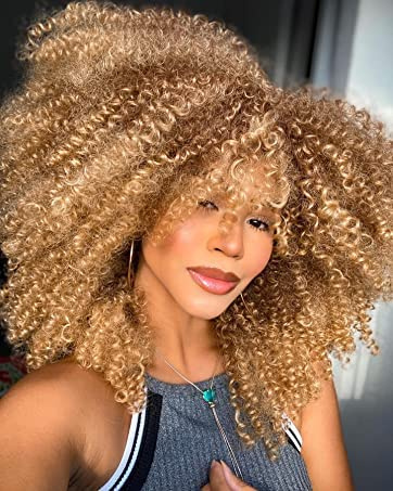 YEESHEDO Damen Kurze afro locken ombre blond braun perücken, Natürliche weiche flauschig Haar kinky lockige perücke mit pony für frauen, Afro locke perücke für party cosplay täglich (33/27#)