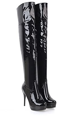 Tacchi Alti 12CM con Tacco Fine in Pelle Verniciata sopra Il Ginocchio Stivali Lunghi di Grandi Dimensioni