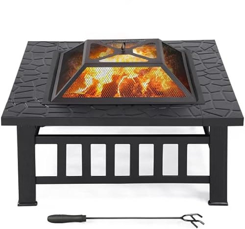 Abician Brasero Extérieur en Métal, Brasero de Jardin Carré pour Chauffage, avec Couvercle et Tisonnier, Camping, Piscine, Patio, Jardin, Fête, 81,2 x 81,2 x 50 cm Noir