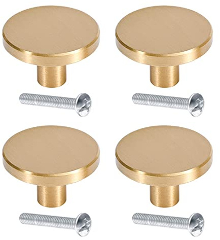 XNJIHWA 4 Stück Runde Schrankknöpfe Vintage Messinggriffe Möbelknöpfe Gold Kommodenknöpfe mit 4 Schrauben,für Schränken,Kleiderschrank,Kommoden,schubladen,32mm x 25mm