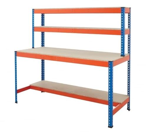BiGDUG Heavy-Duty Workstation with Half Depth Lower Shelf - 167.7h x 152.5w x 76d cm - 400kg Load Capacity Worktop - Powder-Coated Blue & Orange - 2X Top Shelves