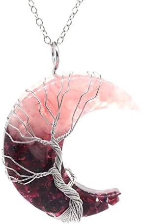 Collar De Cristal Árbol De La Vida Alambre Envuelto Media Luna Piedra Resina Cuarzo Colgante Collar De Cadena,Granate De Cuarzo Rosa,50cm