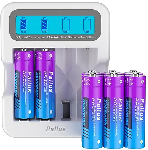 Pallus 1,5V Wiederaufladbare AA Lithium Akku, 1600 Zyklen mit 3500mWh Hoher Kapazität, 8 Stück Lithium AA Akku mit Weißem LCD-Ladegerät