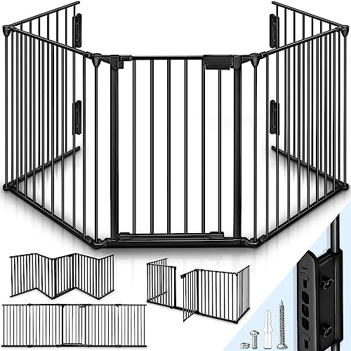 KIDUKU® Kaminschutzgitter mit Tür Metall 420 cm | Absperrgitter ohne Bohren | Ofenschutzgitter als Kinderschutz faltbar | Konfigurationsgitter für Baby & Kinder | Hundegitter inkl. 7 Elementen (Schwarz)