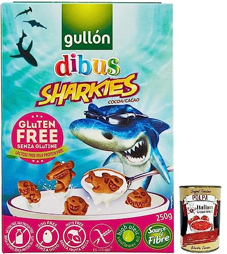 Gullón Gluten Free Sharkies Dibus, galletas infantiles sin gluten, galletas de cacao, paquete de 250 g + lata italiana gourmet Polpa di Pomodoro de 400 g