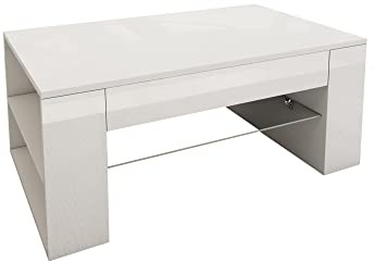 ML-Design Mesa de Centro y Estante de Almacenamiento 100 x 42 x 60 cm Revestido Blanco con Balda de Vidrio y 4 Compartimentos Laterales Elegante Mesita de Café Rectangular para Salón