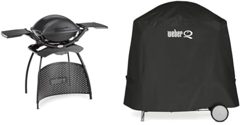Weber Q2400 Elektrogrill, 55 x 39 cm, mit Standfuss & ausklappbaren Seitentischen, Dunkelgrau (55020879) & 7120 Abdeckhaube Premium, schwarz, 88,9 x 67,3 x 43,2 cm