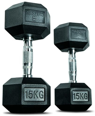MATCHU - Hexagon Hantel - Hexagon Dumbbells - Hexagon Kurzhanteln Set - 15 KG - Satz Von 2 - Gummi - Verchromter Griff - Schwarz