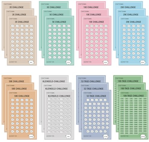 WenmthG - A6 Sparchallenge Budgetplaner (24er Set) - 8 Sparchallenges - Budget Planner Deutsch Zubehör - Spar Challenge Set mit 2€ | 5€ | 10€ | 20€ | 50€ | Kleingeld | 52 TAGE | 100 TAGE