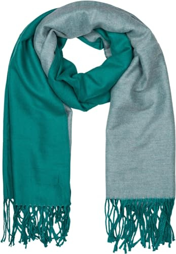 styleBREAKER Damen Schal in edler 2-Face Optik mit Fransen, 2 Farbig, Wendeschal, warme Winter Stola mehrfarbig 01017137, Farbe:Smaragdgrün-Creme
