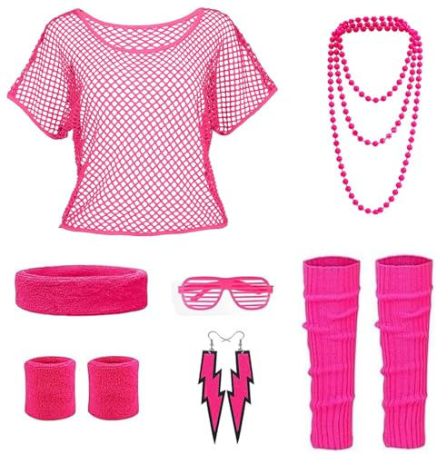 DGUSO 80er Jahre Accessoires-Netzoberteil Damen, Beinstulpen, Stirnband, Ohrring, Halskette, 80er Jahre Outfit Damen Mottoparty für Halloween Karneval Cosplay Party (Rosa)