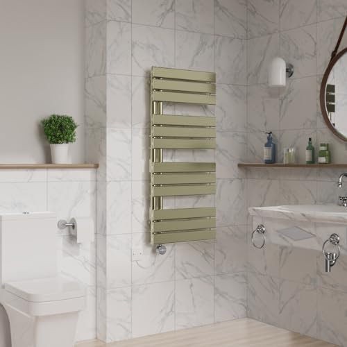 Warmehaus Touch Screen Thermostatic Electric Bathroom Flat Panel Heated Towel Rail Warmer Radiator with Timer 1126x500mm - Brushed Brass