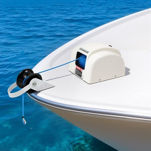 KinHall Electric Boat Winch with Wireless Remote, 45 LBS Saltwater Boat Electric Windlass Anchor, Boat Electric Windlass Anchor Winch Marine, Boat Anchor Winch Trailer Winch for Boats, White
