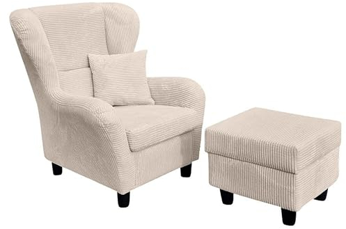 Gemütlicher Ohrensessel mit Hocker im Landhaus-Stil, B90/H98/T76 cm, hoher Sitzkomfort durch Wellenunterfederung, moderner Lesesessel mit Echtholzfüßen und Zierkissen, Cordstoff in Beige Creme / 18017