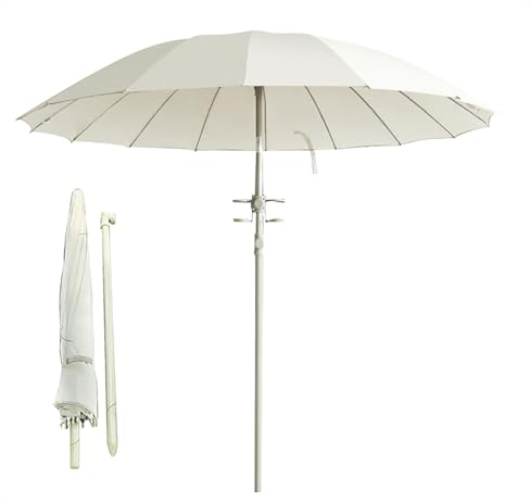 Aqkgtj Kleiner Shanghai-Gartenschirm, Beige, 220 cm, neigbar, tragbarer Sonnenschirm Outdoor mit Tragetasche für Strand, Reisen, 16 Fiberglas-Speichen, mit Getränkehalter