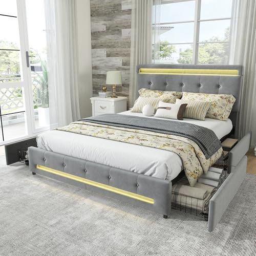 BTM Double Bed Frame 4FT6-135x190cm, Upholstered Bed with Headboard & Metal Underbed Bracket, Grey Velvet Bed with 4 Drawers and Light Strips Around, No Mattress