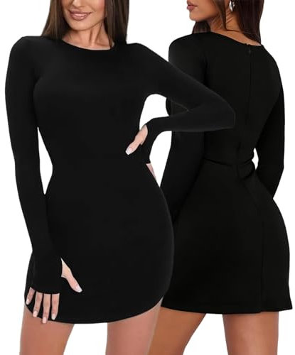 Gkaopi Women's Long Sleeve Mini Dress Sexy Bodycon Boat Neck Dress Casual Slim Fit Party Club Bodycon Dresses Fashion Y2K Cocktail Solid Color Short Cami Dresses HS Black