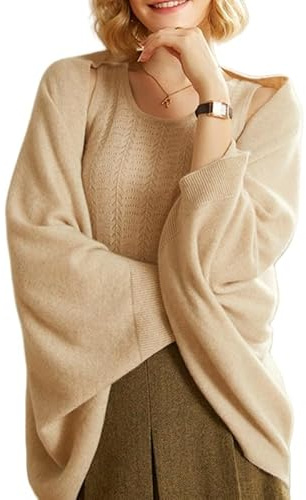 LIUYUYOUGO UGO Pashmina sjalar och wraps öppen framsida koftor tröja stickad poncho multifunktionell halsduk med ärmar elegant mjuk varm kashmir halsduk toppar damer axelväska kappa, Aprikos, one size