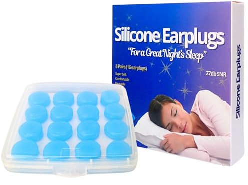 Silicone Ear Plugs for Sleeping – 8 Pairs (16 Plugs) Reusable, Waterproof, Premium Mouldable Silicone for Noise Reduction, Travel, Study & Swimming