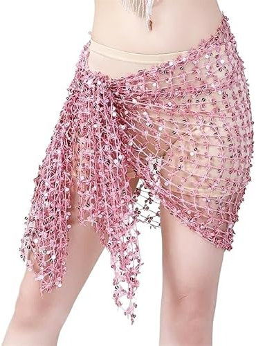 Bauchtanz HüFttuch Frauen Aushöhlen Bauchtanz Hüfttuch Dame Bauchtanz Tanzen Quaste Hipskirt Kostüm Zubehör Pailletten Mädchen Kurzen Rock Bauchtanz KostüM Damen(Pink)