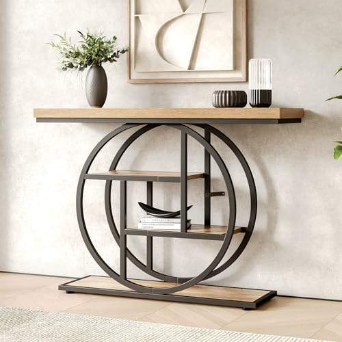 LITTLE TREE Konsolentisch, 4-stöckiger Eingangstisch hinter dem Couchtisch, 105 cm Bauernhaus-Sofatisch für Wohnzimmer, Foyer, Flurtisch für Eingang, Walnuss und Schwarz