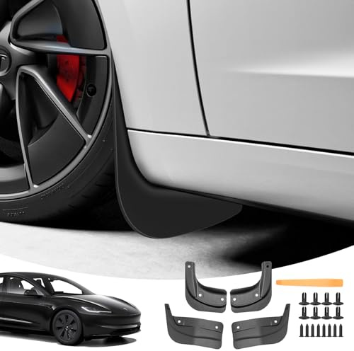 LANGBEAN (4 Pezzi) Paraspruzzi per Tesla Model 3 Highland 2024 2025 2026 | Parafanghi Anteriori e Posteriori, Parafango con Viti di Montaggio, ABS, Non Necessita di Forare, Accessori Antischizzo
