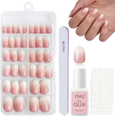 DMQ Short Press on Nails Kit, 120Pcs Pink White Gradient False Nails, Oval Ombre French Fake Nails Pink Tips, 12 Sizes Glossy Full Cover Stick on Nail for Women Girls Nails Art