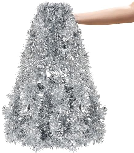 CCINEE Christmas Tinsel Garland, 50 Feet Silver Metallic Foil Hanging Tinsel Twist Garland for Xmas Tree Home Mantle Stair Fireplace Holiday Party Indoor Outdoor Christmas Decoration