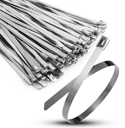 100 PCS 304 Stainless Steel Cable Ties with Steel Ball Stopper, 4.6 * 200mm Metal Cable Ties, Heavy Duty, Heat Resistant for Exhaust Wrap/Fencing/Pipes/Auto