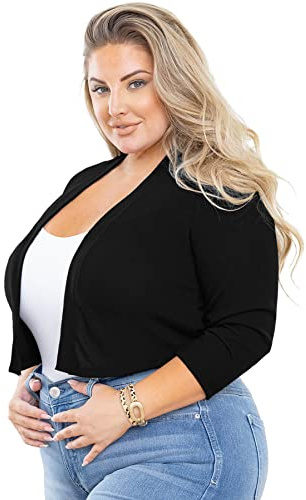 AusLook Plus Size Bolero Shrugs for Summer Dresses 3/4 Sleeve Black 3X Open Front Knit Lightweight Coat Cropped Tops Shawls and Wraps Cardigan Dressy Sweater Clothes