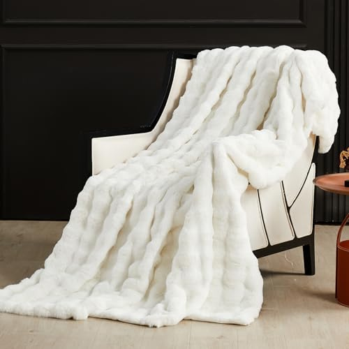 SAPHREAS Kuscheldecke Flauschige 150x200, Furry Bubble Kunstpelz Decke Oeko-Tex Zertifiziert Dicke & Warme Sofadecke für Bett Couch Schlafzimmer Deko Plüschdecke Weiß