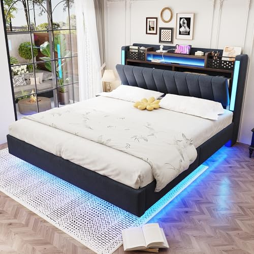 RIAZOS Polsterbett Schwebebett 140x200 cm mit LED und USB-Steckdose, Stauraum Kopfteil mit Staufach, Doppelbett Bettgestell mit Lattenrost, Jugendbett, Funktionsbetten, Leinen, ohne Matratze, Grau