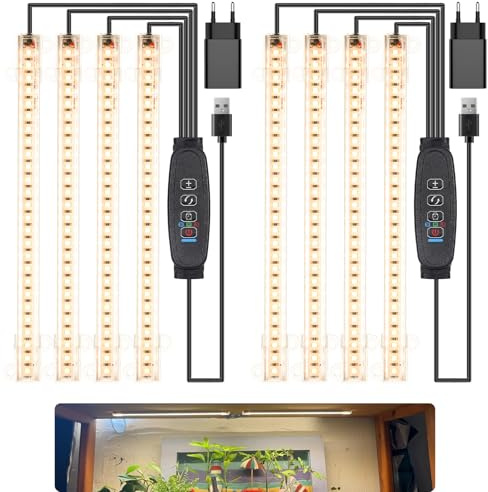 Czoumu Lot de 2 bandes de croissance LED pour plantes à spectre complet 3500 K – 4 têtes, 22 cm, minuterie 3/9/12 h, 10 niveaux d'intensité, idéal pour les semis, les plantes succulentes, les étagères