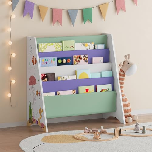 [en.casa] Bücherregal für Kinder Hornnes Kinderregal mit 4 Stofffächern Regal Kinderzimmer 60 x 62 x 28 cm Aufbewahrung mit Aqua Dream Motiv Mehrfarbig
