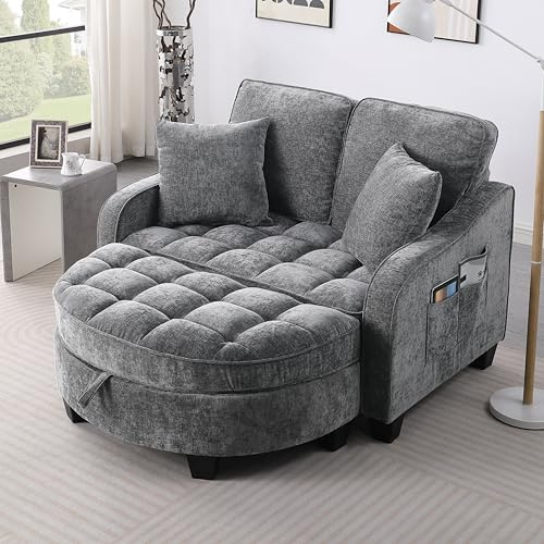 Hlcodca Modern Double Sofa Chaise Longue with Irregular Armrests and Backrests, Footrest with Storage Space, Sofa Bed for Living Room Bedroom Office (Grey/D1)