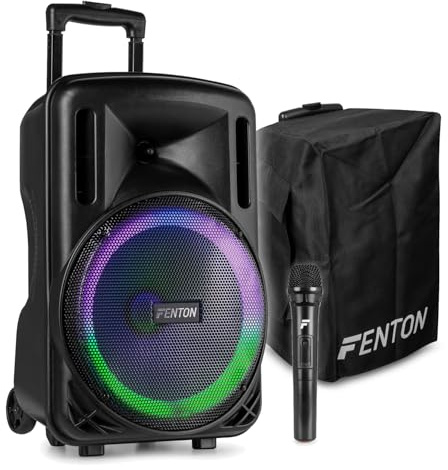 Fenton FT12LED MK2 12-inch Portable PA System with Wireless Mic and Custom Cover, Rechargeable Bluetooth Speaker, Built-in MP3, LED Lights, 700W, Trolley Design, Home Karaoke, Outdoor Events