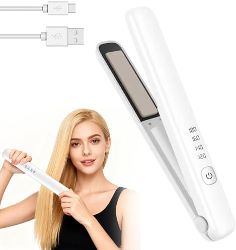 RNPKZ Fer à lisser sans fil 2 en 1 Mini fer à lisser et à boucler, fer à lisser en céramique, fer à lisser de voyage, USB à 4 températures, portable pour cheveux longs, courts, lissage
