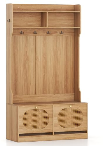Multigot Coat Rack Stand, Wooden Coat and Shoe Storage Organiser | 180cm Free Standing Hall Tree Clothes Hanger with Rattan Door Bench, Flip Drawers, Shelves & 6 Dual-Hooks for Entryway