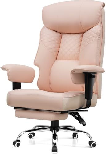 COMHOMA Gamingstol för stora och tunga personer, ergonomisk kontorsstol upp till 180 kg, 3D-sittkudde, justerbar med fotstöd, PU-läder, hög komfort för kontor och gaming rosa