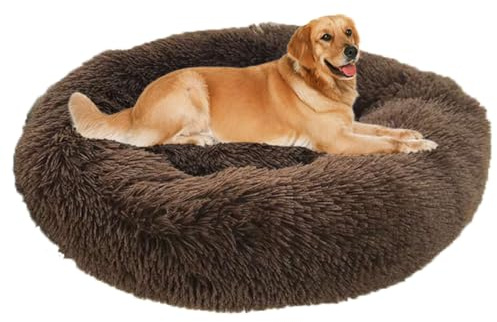 Hundebett Flauschig, Große Hundekissen Waschbar mit Rutschfestem Boden, Plüsch Hundekörbchen, Hundekissen Rund, Haustierbett Donut für Große & Mittelgroße Hunde (Braun,L 80 x B 80 x H 20 cm)
