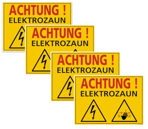 Signalétique.biz France - Set mit 4 - Achtung Elektrozaun Schild aus PVC – Warnschild Stromgefahr mit 2 Symbolen | Gelb/Schwarz | 300x210 mm