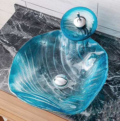 ZYCDP Glaswaschbecken Bad Waschbecken Ohne Hahnloch mit Armatur 440 X 440 X 145 mm Blau