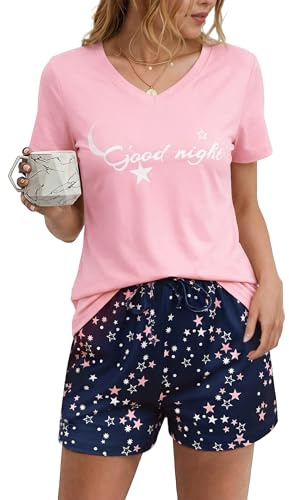 Litherday Pigiama Donna Corto Estivo Set Due Pezzi con Maglia V Collo e Pantaloncini Cotone Morbido Stampato per Casa e Notte Stile 2 Rosa L