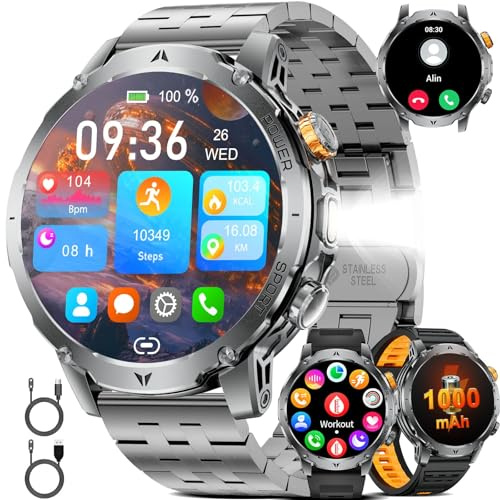 LIGE Montre Connectée Homme 3 Bracelet,1000mAh Longue Autonomie Batterie/1.7‘’ Grand Écran avec Appels/IP68 Étanche Fréquence Cardiaque/Pédomètre,Militaire Smartwatch pour Android iOS,Steel